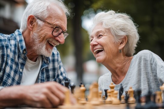 Elderly friends share a heartwarming moment filled with laughter as they play chess outdoors, surrounded by a scenic environment on a sunny day