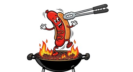Happy Hot Dog Mascot on Grill with Tongs Barbecue Fun Character Illustration.