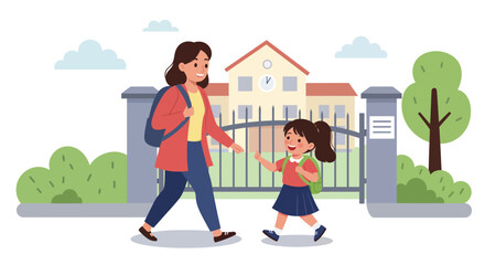 Mother Walking Daughter to School – Bright Flat Vector Illustration