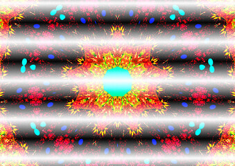A vibrant, symmetrical pattern features a glowing blue center surrounded by fiery reds and yellows, radiating outward with small blue and red elements. Horizontal white bands cross the design.