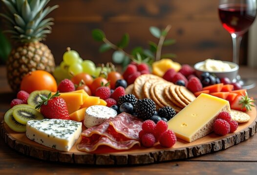 colorful assorted charcuterie board fresh vibrant fruits rich selection cheese meat crackers appetizer gourmet presentation, platter, variety, spread