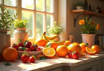 floating fruits glimmering sunlit kitchen magical atmosphere lively colorful fresh produce culinary haven delightful scene, sunlight, table, interior