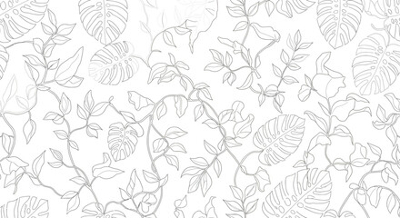 Delicate Line Art Monstera Leaves and Floral Vines Pattern Design.