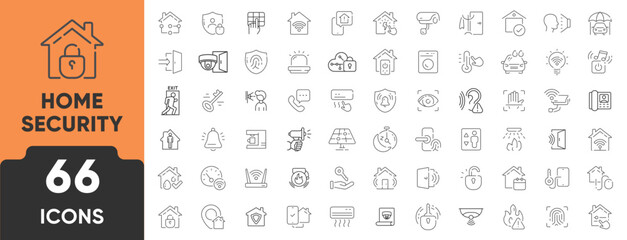 Home Security Line Icon Set. Set of 66 outline icons including CCTV, smart lock, alarm, motion sensor, shield, surveillance, and house protection. Editable stroke. Linear vector illustration.