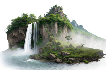 Photo of a lush green island features a majestic waterfall cascading down rocky cliffs, surrounded by mist and vegetation, isolated on white isolated on transparent background