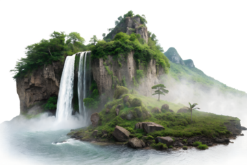 Photo of a lush green island features a majestic waterfall cascading down rocky cliffs, surrounded by mist and vegetation, isolated on white isolated on transparent background