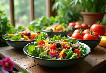 fresh colorful salads vibrant ceramic bowls healthy cuisine gardens harvests greens, vegetable, food, nutrition, produce, spice, leafy, vivid, nature, farm