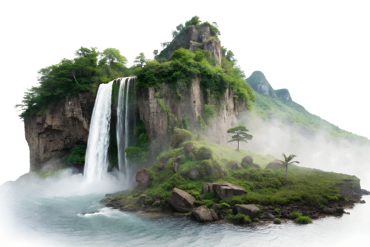 Photo of a lush green island features a majestic waterfall cascading down rocky cliffs, surrounded by mist and vegetation, isolated on white isolated on transparent background