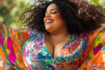 A plus-size woman with curly hair twirls joyfully in a vibrant outfit, radiating happiness and confidence in a sunny outdoor setting. Her playful energy captivates the moment