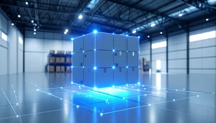 Large cube, glowing blue lines, warehouse