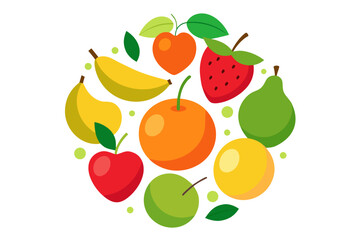 Vibrant circle arrangement of fresh fruits and leaves on white background