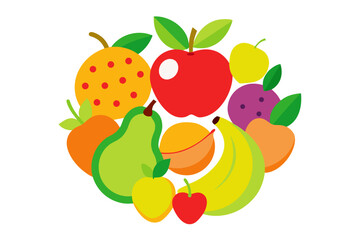 Colorful assortment of fresh fruits arranged in a circular pattern on white background