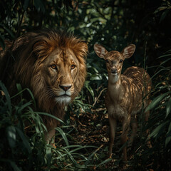 Fototapeta premium Majestic Lion Observing a Deer in Dense Tropical Forest Light and Shadow, Great for nature blogs, eco-tourism promotions, social media posts inspiring appreciation for biodiversity and natural habitat