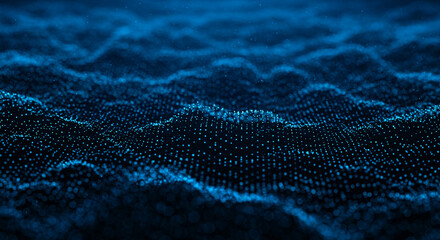 A digital landscape of blue dots forming an abstract wave pattern in a dark blue gradient background