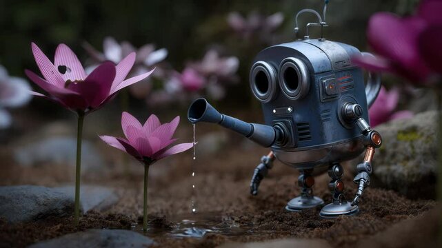 A small robot with a watering can waters pink flowers on rocky soil among a natural background