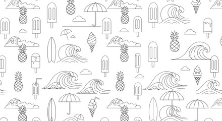 Obraz premium Summer themed seamless pattern with pineapples ice cream waves surfboards and umbrellas.