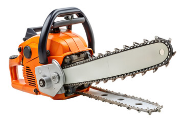 Photo of a powerful orange and black chainsaw with a sharp metal chain and bar rests ready for action, isolated on a transparent background