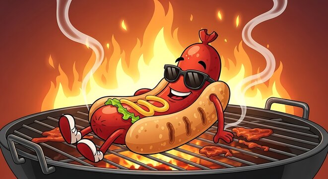 Cool Hot Dog Cartoon Grilling with Sunglasses and Fire Background.