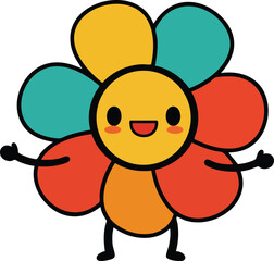 Cute smiling cartoon flower character with colorful petals in orange teal and red vector illustration 