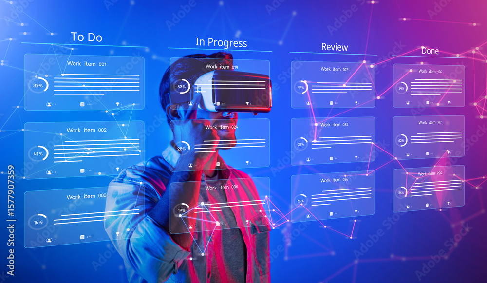 Poster explore the intersection of virtual reality and project management concepts, enhancing business proc