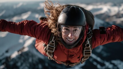 Woman gracefully parachuting above breathtaking, snow-covered mountains during a bright, clear day