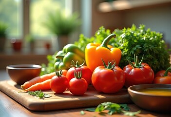 colorful fresh ingredients displayed vibrant cutting board ready culinary creativity healthy cooking, fruit, knife, chopping, herb, spice, pepper, onion