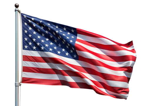 The american flag flutters gracefully on a pole, representing the values of the nation isolated on transparent background