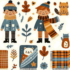Set: cartoon, illustration, baby, set, dog, animals, fun, child, brown, art, collection, flat style, autumn, cold forest, vector style, nuts, elements on white background, pattern, seamless