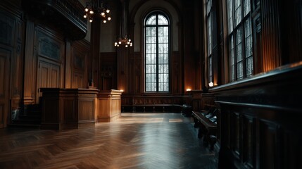 Fototapeta premium Elegant courtroom with towering windows and polished wood elements inviting contemplation and reflection on justice