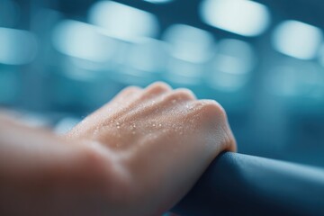 close-up of man hand gripping rowing machine handle with focused intensity