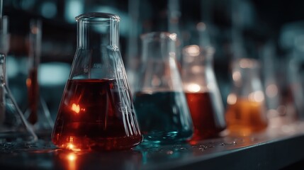 Vibrant chemistry lab experiment showcasing colorful liquids in flasks during an engaging scientific exploration