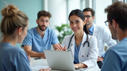 Diverse Group of Medical Professionals Collaborating in a Modern Hospital Setting, Featuring a Smiling Female Doctor.