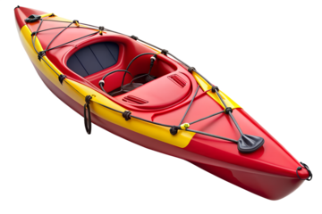Photo of a bright red and yellow kayak, designed for water sports and adventure, rests isolated on a clean transparent background