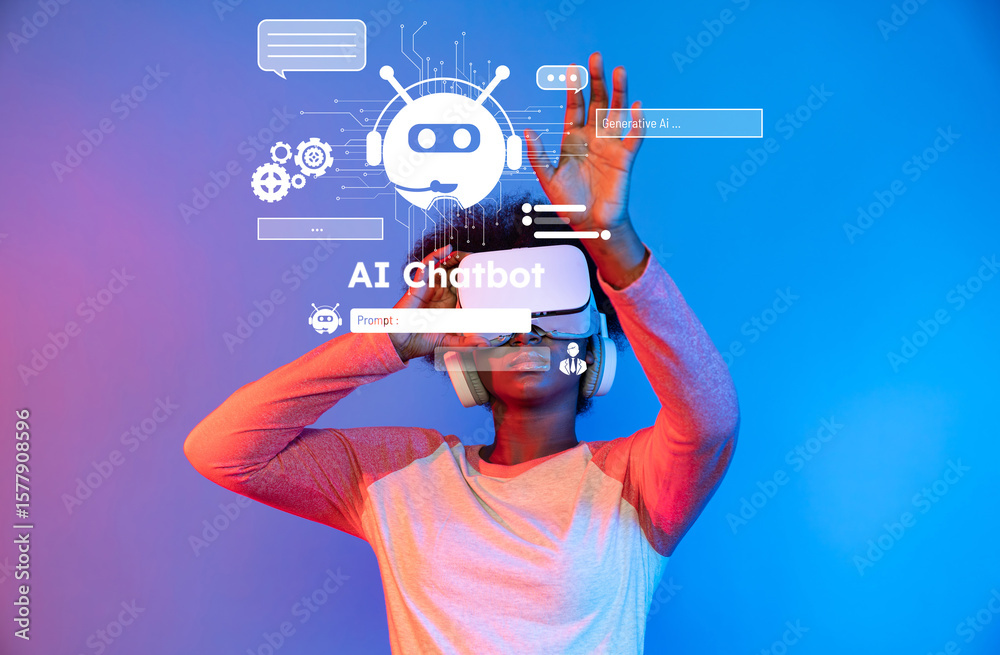 Poster a person immerses in a virtual reality experience, interacting with a chatbot interface designed wit