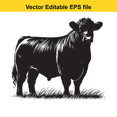 Fototapeta premium A silhouette cow/bull grazing in a grassy field, Black and white illustration