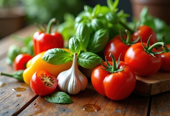 colorful kitchen ingredients artfully arranged rustic wood table fresh culinary display recipe inspiration food aesthetics, nature, vegetable, fruit, basket