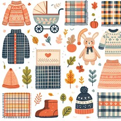 Set: cartoon, illustration, baby, set, dog, animals, fun, child, brown, art, collection, flat style, autumn, cold forest, vector style, nuts, elements on white background, pattern, seamless