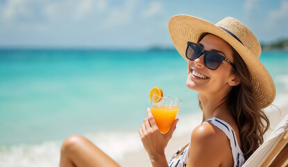 A happy woman enjoys a summer vacation wearing sunglasses and a straw hat while sitting on a beach chair holding an orange juice.