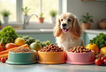 colorful organized pet food bowls filled fresh natural ingredients promoting healthy pet nutrition vibrant living, premium, grain, vegetable, meat, protein, formula