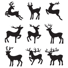  Nine black deer set silhouettes vector