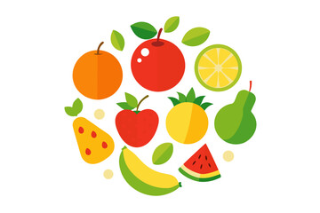 Vibrant flat design assortment of fresh fruits and leaves arranged in a circle