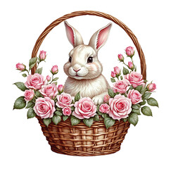 Watercolor cute bunny in a basket of flowers. Vector illustration