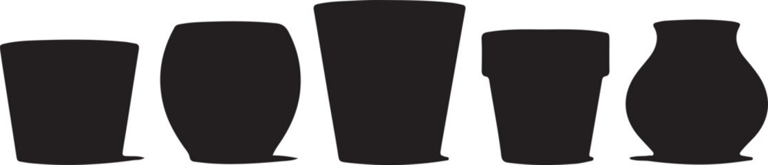 Black silhouettes of five vases white object