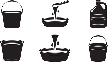 Black silhouettes of buckets and pouring liquid container