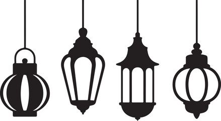 Four hanging lanterns with varied designs light decoration
