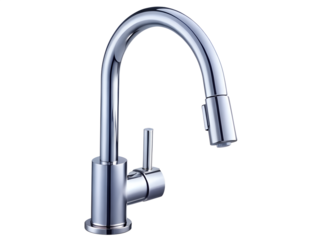 A modern chrome kitchen faucet with a pullout spray isolated on transparent background