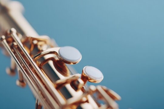 close-up of saxophone key mechanism in action with finger pressing pad under overhead studio lighting