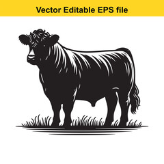 Fototapeta premium A silhouette cow/bull grazing in a grassy field, Black and white illustration