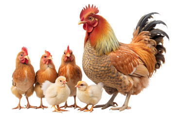 Fototapeta premium Photo of a proud rooster stands with a group of hens and chicks, showcasing a farm animal family on a transparent background