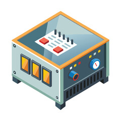 Isometric 3D vector illustration of a modern industrial building with office and factory zones, showcasing sustainable energy technology and interior design plan